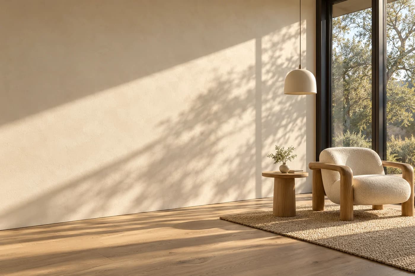Architectural illustration of warm window light crossing a finished ivory wall, oak floor and cream chair