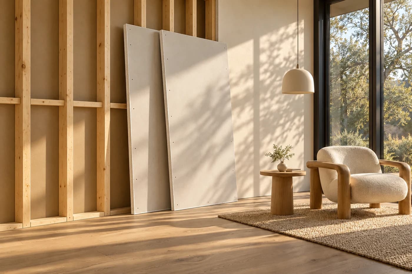 Architectural illustration of exposed timber framing and gypsum boards in a sunlit room