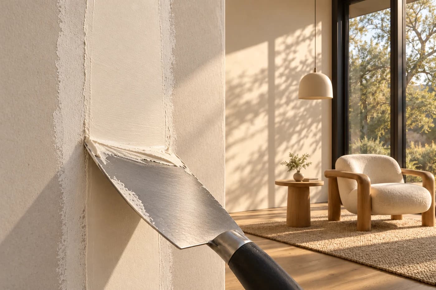 Architectural illustration of a finishing knife applying compound to a gypsum board joint