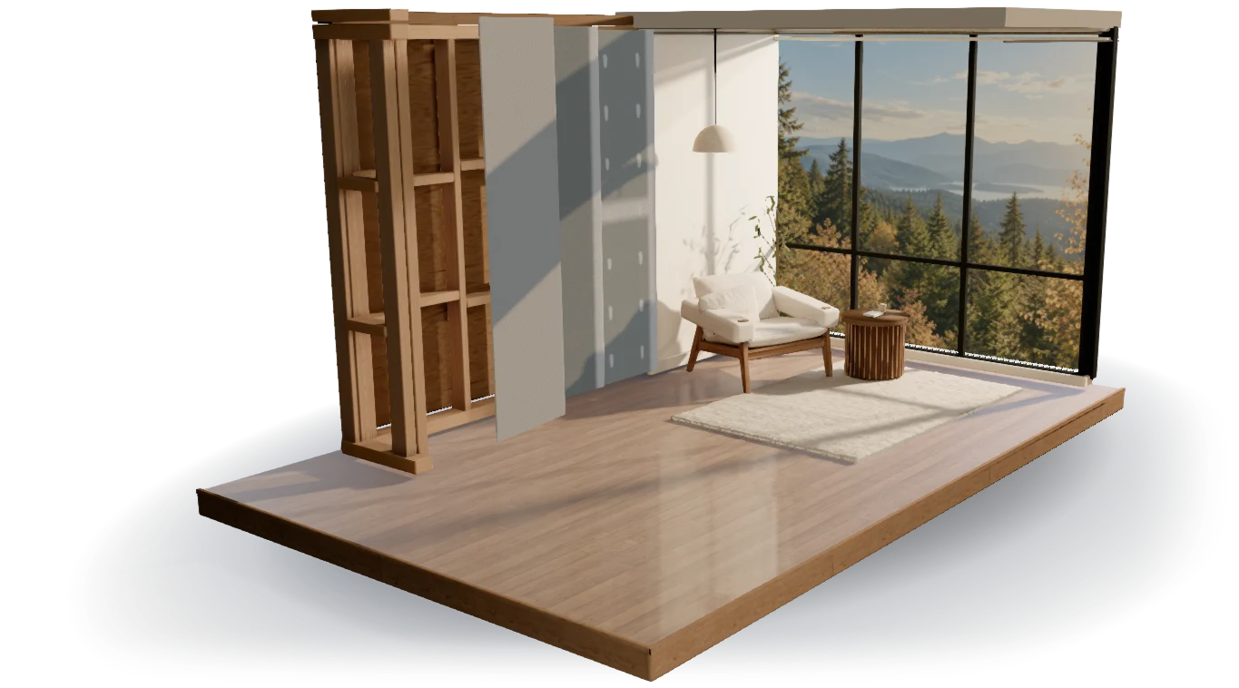 Architectural illustration of an oak platform, timber wall framing, drywall panels, and a sunlit finished room beside tall windows.